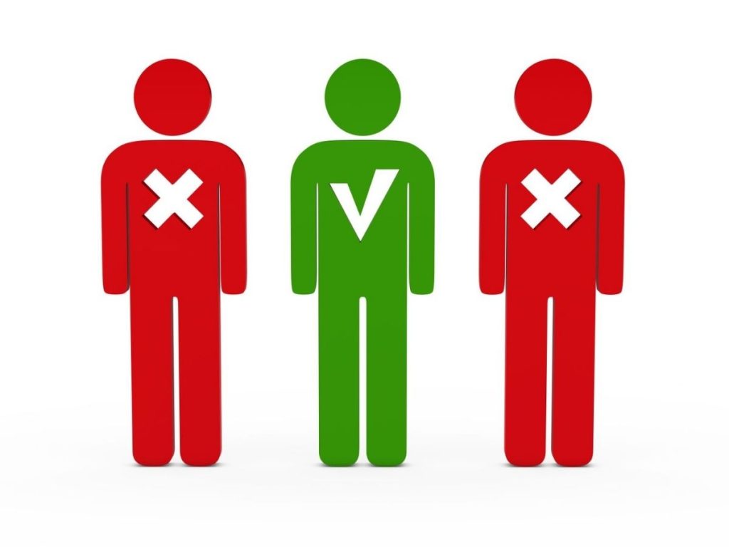 illustration showing the tenant selection process with one approved applicant in green and two rejected applicants in red