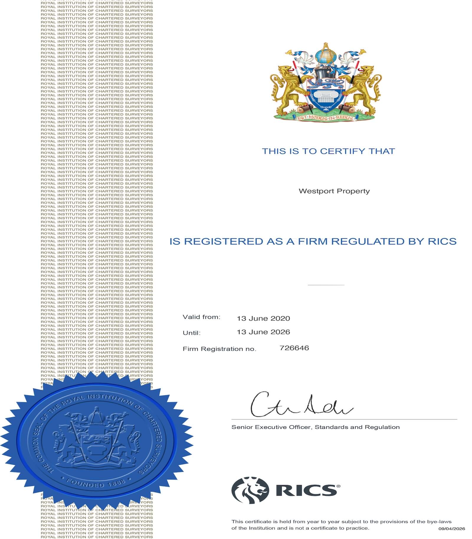 rics-firm-certificate-for-westport-property